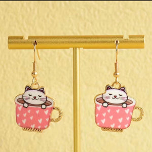 Pink Cup & Cat Earrings