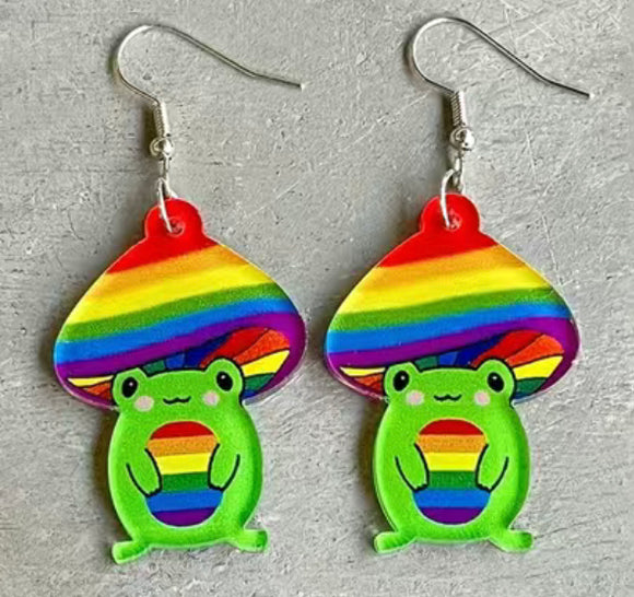 Rainbow Mushroom Frog Earrings